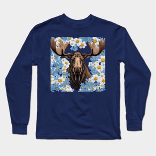 Moose And Alaska Forget-Me-Not Flowers Long Sleeve T-Shirt